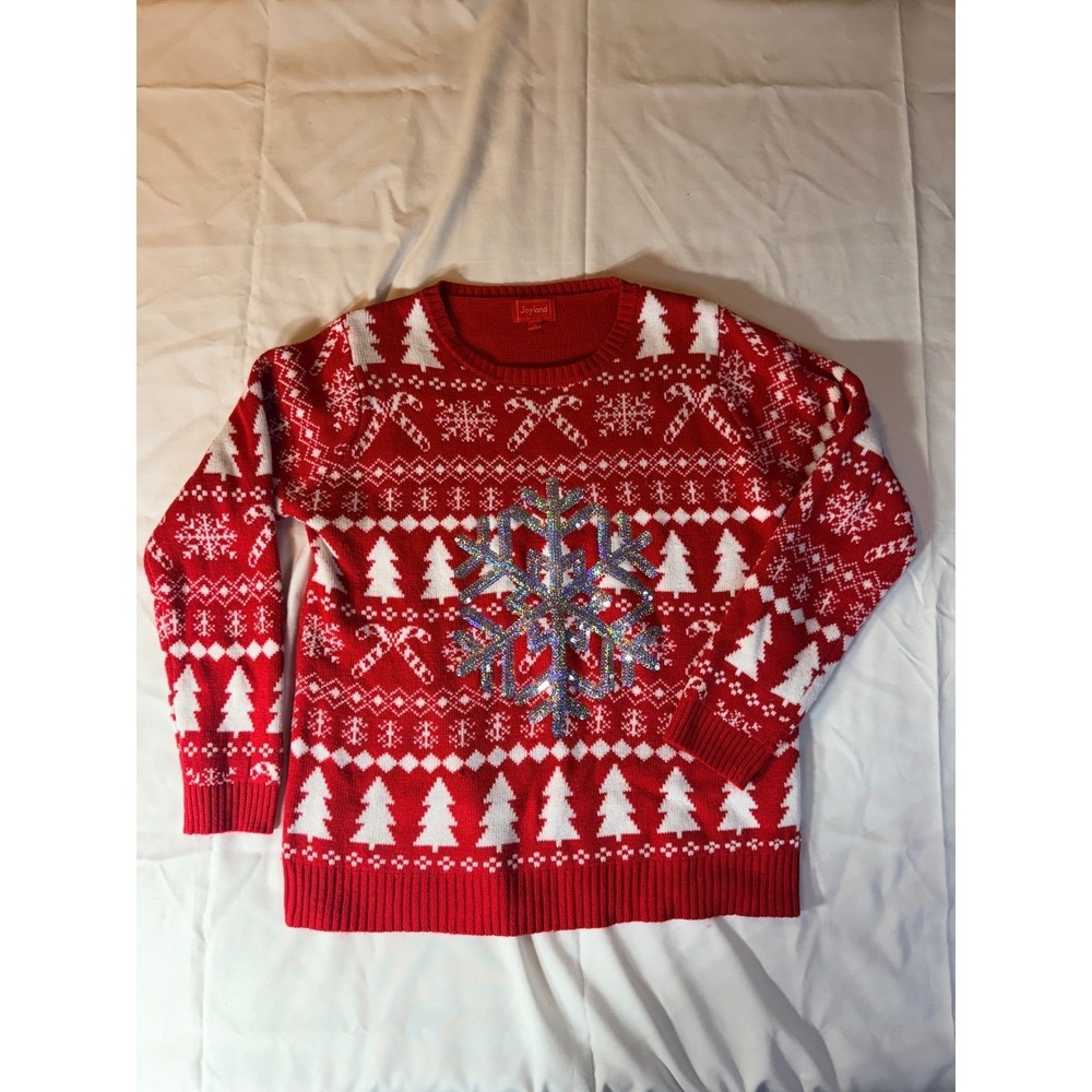 Joyland Womens Red Fair Isle Christmas Sweater Sequin Snowflake XL RN31104
